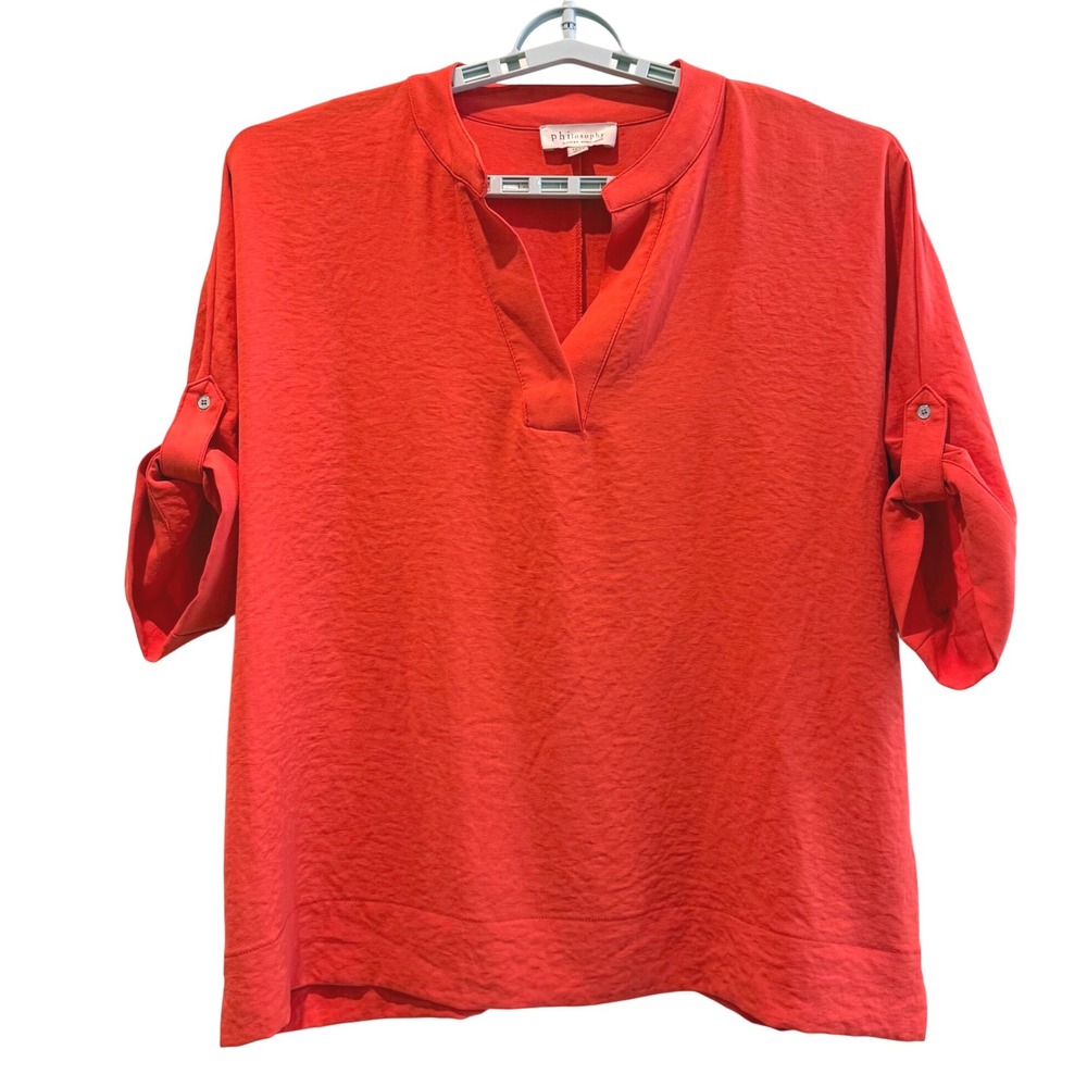 Philosophy Woman Coral Red V-Neck Roll Tab Sleeve Tunic Blouse Plus Size 1X